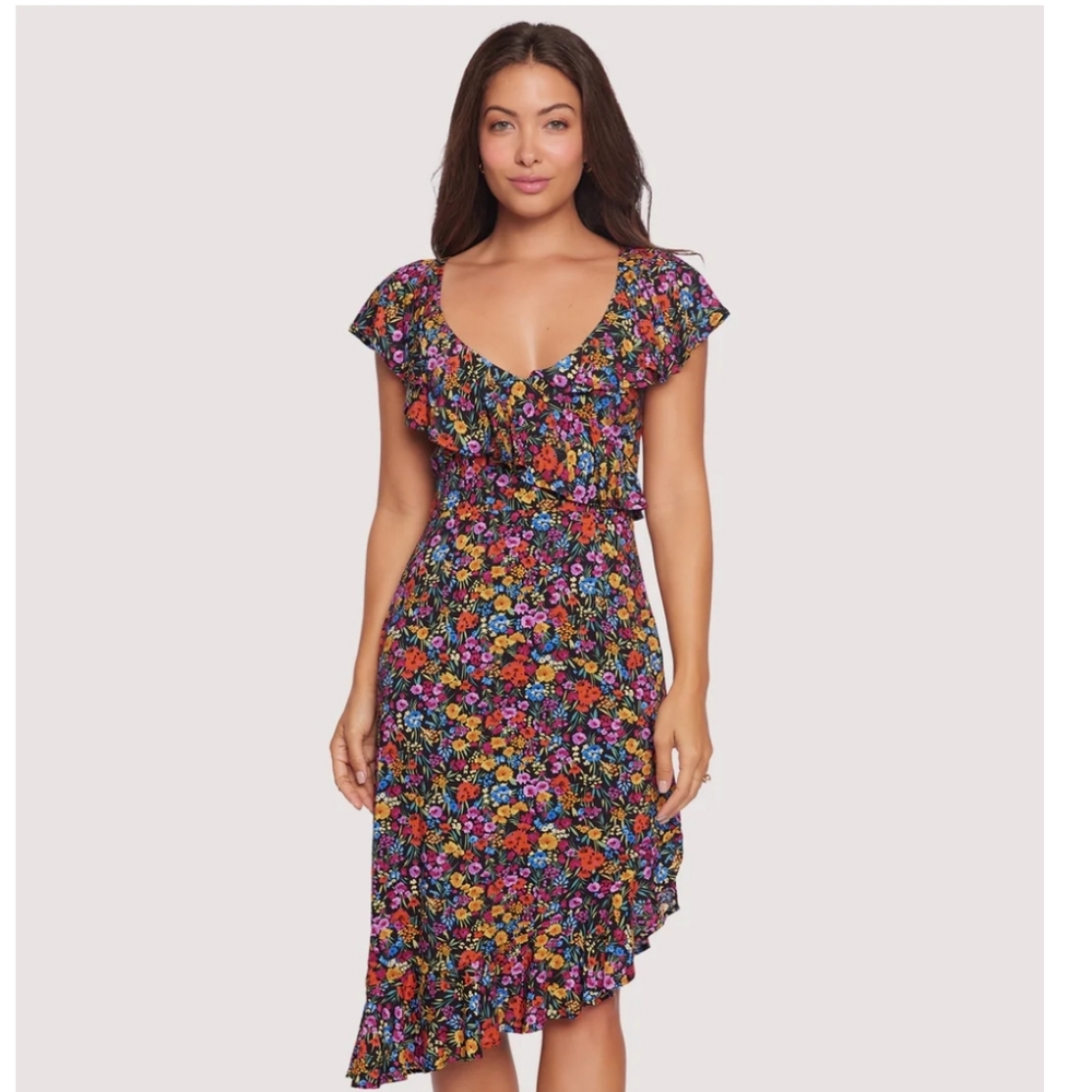 LOST + WANDER,NWT, Flora Garden Ruffle V-neck Midi Dress,Medium